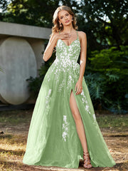 A-line V-neck Lace Up Tulle Gown Sage Plus Size
