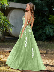 A-line V-neck Lace Up Tulle Gown Sage