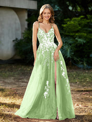 A-line V-neck Lace Up Tulle Gown Sage Plus Size