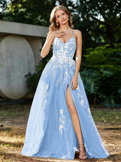 A-line V-neck Lace Up Tulle Gown Sky Blue
