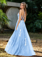 A-line V-neck Lace Up Tulle Gown Sky Blue Plus Size