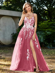 A-line V-neck Lace Up Tulle Gown Watermelon