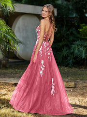 A-line V-neck Lace Up Tulle Gown Watermelon