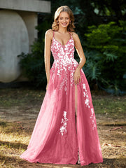 A-line V-neck Lace Up Tulle Gown Watermelon Plus Size
