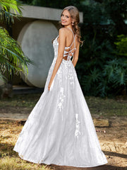 A-line V-neck Lace Up Tulle Gown White