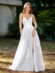 A-line V-neck Lace Up Tulle Gown White