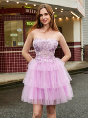 Strapless Corset Top Tiered Tulle Short Dress Lilac