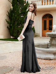 One Shoulder Spaghetti Straps Sheath Velvet Dress Black