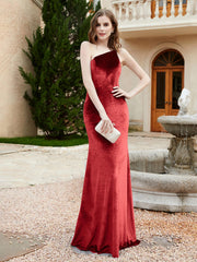 One Shoulder Spaghetti Straps Sheath Velvet Dress Burgundy Plus Size