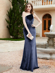 One Shoulder Spaghetti Straps Sheath Velvet Dress Dark Navy Plus Size
