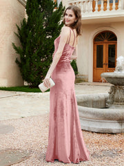 One Shoulder Spaghetti Straps Sheath Velvet Dress Dusty Rose