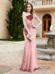 One Shoulder Spaghetti Straps Sheath Velvet Dress Dusty Rose