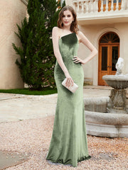 One Shoulder Spaghetti Straps Sheath Velvet Dress Dusty Sage Plus Size