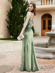 One Shoulder Spaghetti Straps Sheath Velvet Dress Dusty Sage