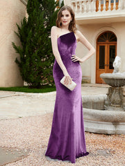 One Shoulder Spaghetti Straps Sheath Velvet Dress Grape Plus Size