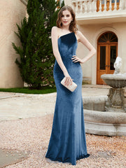 One Shoulder Spaghetti Straps Sheath Velvet Dress Ink Blue