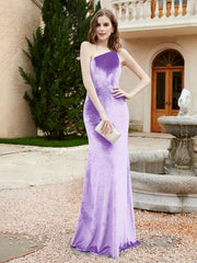 One Shoulder Spaghetti Straps Sheath Velvet Dress Lilac Plus Size