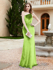 One Shoulder Spaghetti Straps Sheath Velvet Dress Lime Green