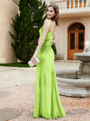 One Shoulder Spaghetti Straps Sheath Velvet Dress Lime Green