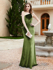 One Shoulder Spaghetti Straps Sheath Velvet Dress Olive Green