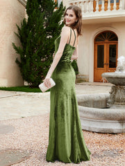 One Shoulder Spaghetti Straps Sheath Velvet Dress Olive Green