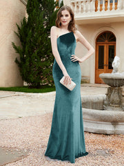 One Shoulder Spaghetti Straps Sheath Velvet Dress Peacock Plus Size
