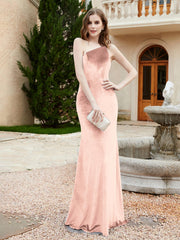 One Shoulder Spaghetti Straps Sheath Velvet Dress Pearl Pink Plus Size