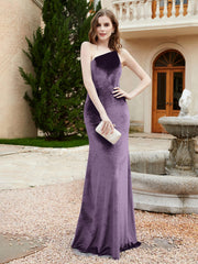One Shoulder Spaghetti Straps Sheath Velvet Dress Plum Plus Size