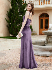 One Shoulder Spaghetti Straps Sheath Velvet Dress Plum