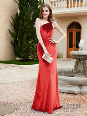 One Shoulder Spaghetti Straps Sheath Velvet Dress Red