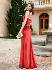 One Shoulder Spaghetti Straps Sheath Velvet Dress Red