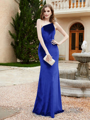 One Shoulder Spaghetti Straps Sheath Velvet Dress Royal Blue