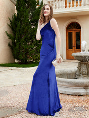 One Shoulder Spaghetti Straps Sheath Velvet Dress Royal Blue