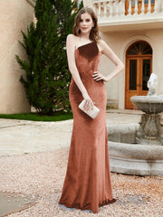 One Shoulder Spaghetti Straps Sheath Velvet Dress Rust Plus Size