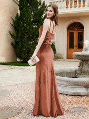 One Shoulder Spaghetti Straps Sheath Velvet Dress Rust