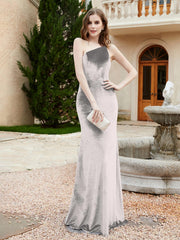 One Shoulder Spaghetti Straps Sheath Velvet Dress Silver Plus Size