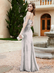 One Shoulder Spaghetti Straps Sheath Velvet Dress Silver Plus Size