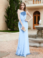 One Shoulder Spaghetti Straps Sheath Velvet Dress Sky Blue Plus Size
