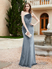 One Shoulder Spaghetti Straps Sheath Velvet Dress Slate Blue