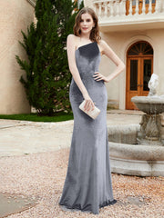 One Shoulder Spaghetti Straps Sheath Velvet Dress Steel Grey