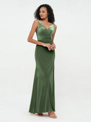Long Velvet V-neck Dresses with V Back Olive Green