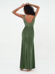Long Velvet V-neck Dresses with V Back Olive Green