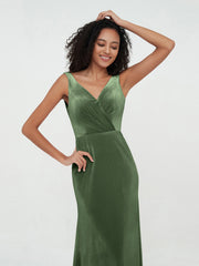 Long Velvet V-neck Dresses with V Back Olive Green