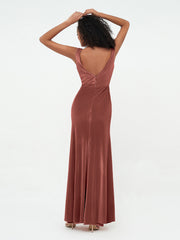 Long Velvet V-neck Dresses with V Back Terracotta