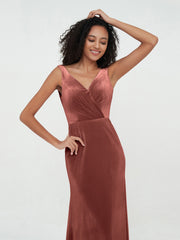 Long Velvet V-neck Dresses with V Back Terracotta