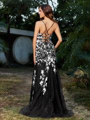 Mermaid V-neck Lace Up Tulle Gown Black Plus Size