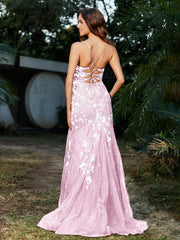Mermaid V-neck Lace Up Tulle Gown Blushing Pink Plus Size
