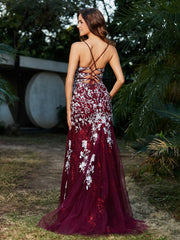 Mermaid V-neck Lace Up Tulle Gown Burgundy