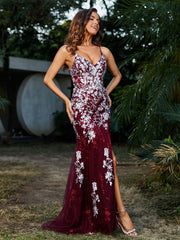 Mermaid V-neck Lace Up Tulle Gown Burgundy Plus Size