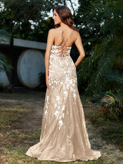 Mermaid V-neck Lace Up Tulle Gown Champagne Plus Size
